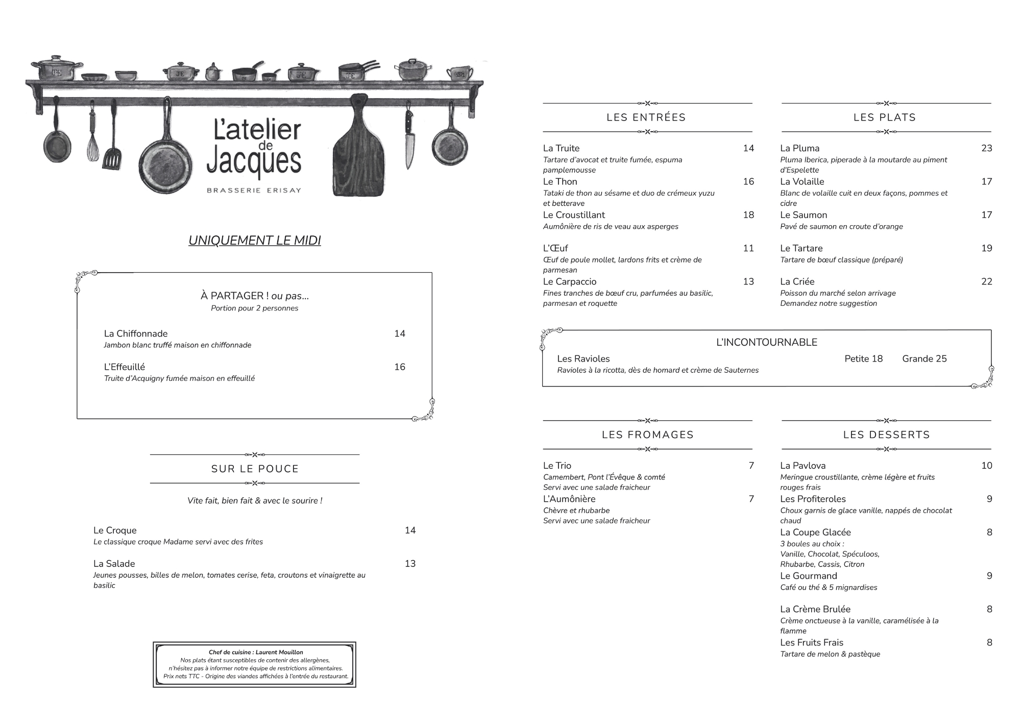 Menu Atelier de Jacques 2025